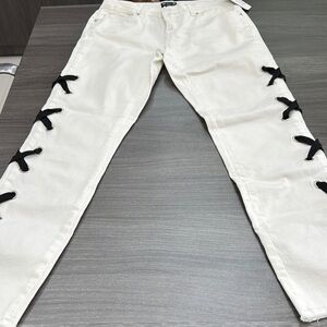 AZI White Straight Leg Jeans with Black ties and rivet Design
